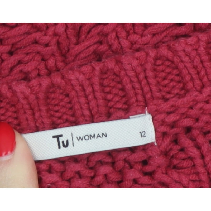 TU Women Red Size 12 Cable-Knit Cotton Blend Pullover Jumper