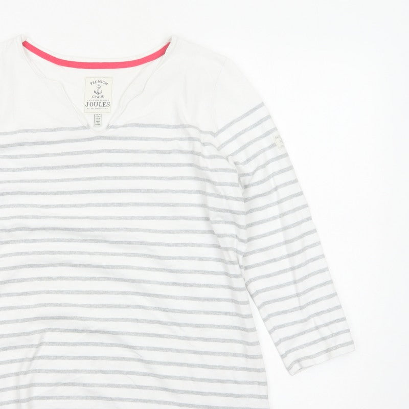 Joules Women White Grey Striped Ringer V-Neck Top Size 14