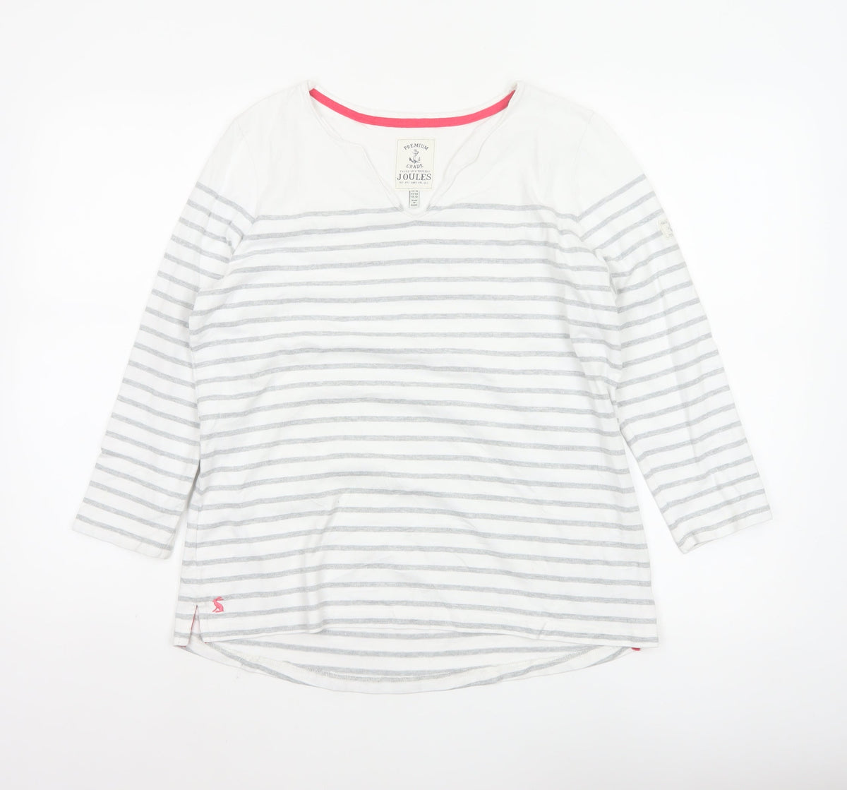 Joules Women White Grey Striped Ringer V-Neck Top Size 14