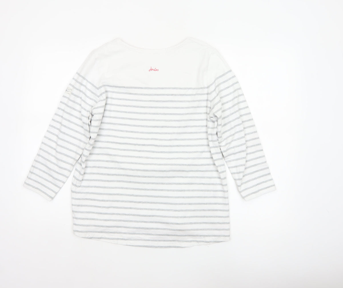 Joules Women White Grey Striped Ringer V-Neck Top Size 14