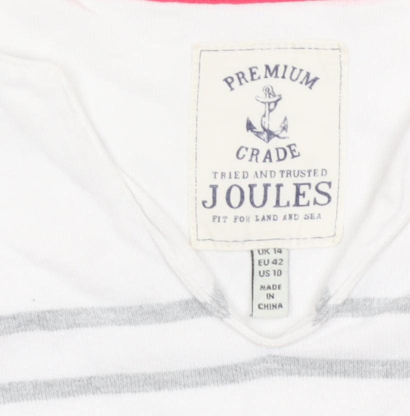 Joules Women White Grey Striped Ringer V-Neck Top Size 14