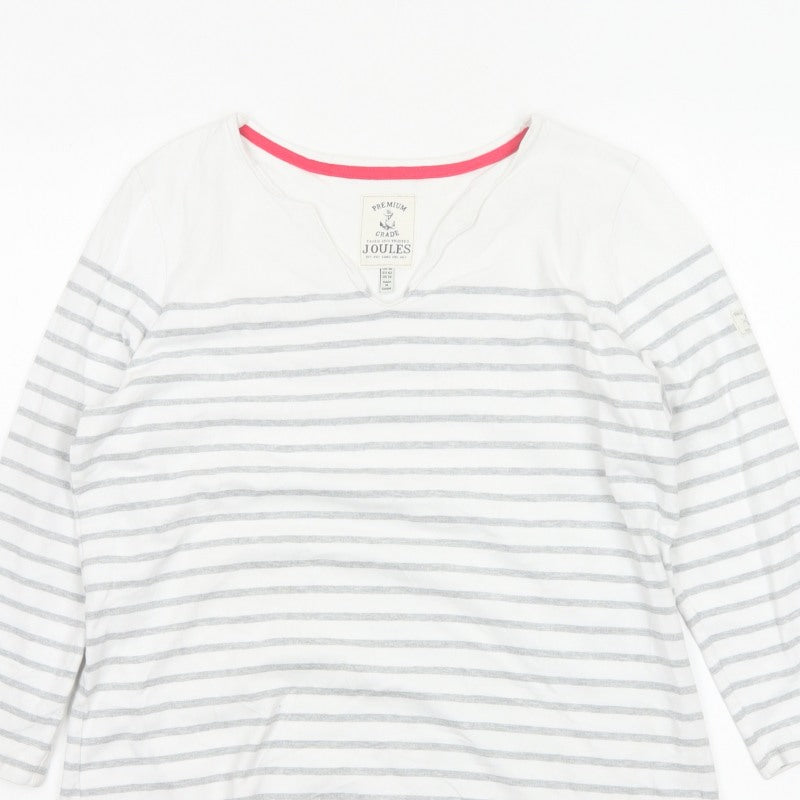 Joules Women White Grey Striped Ringer V-Neck Top Size 14