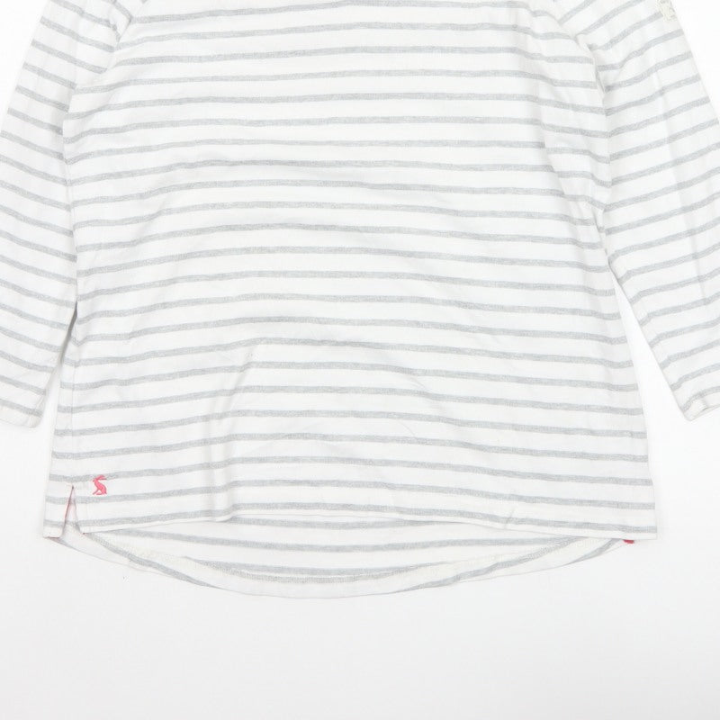 Joules Women White Grey Striped Ringer V-Neck Top Size 14