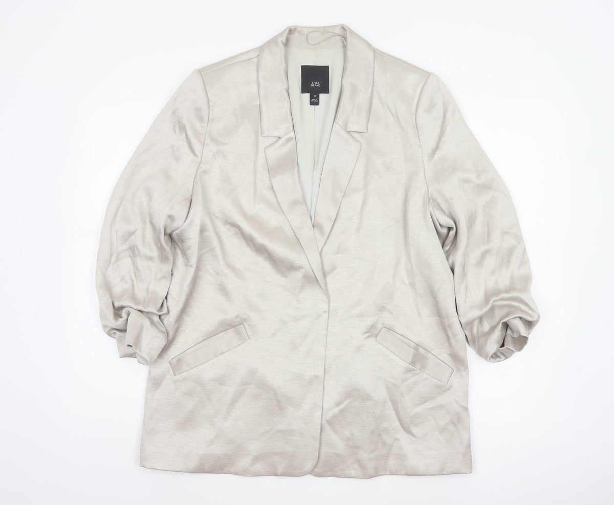 River Island Women Beige Size 12 Long Lined Notch Lapel Blazer