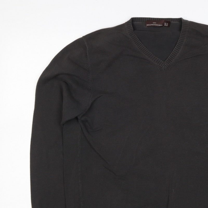 Zara Men’s Black M V-Neck Cotton Knit Pullover Jumper Classic