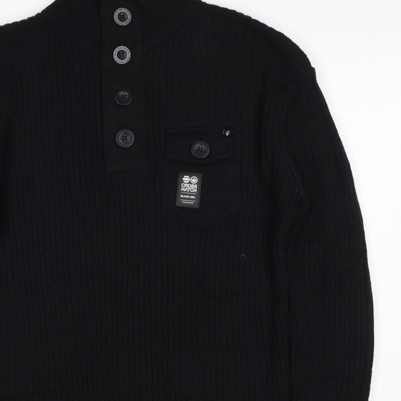 Crosshatch Men's Black M Button Henley Cable Knit Cotton Jumper