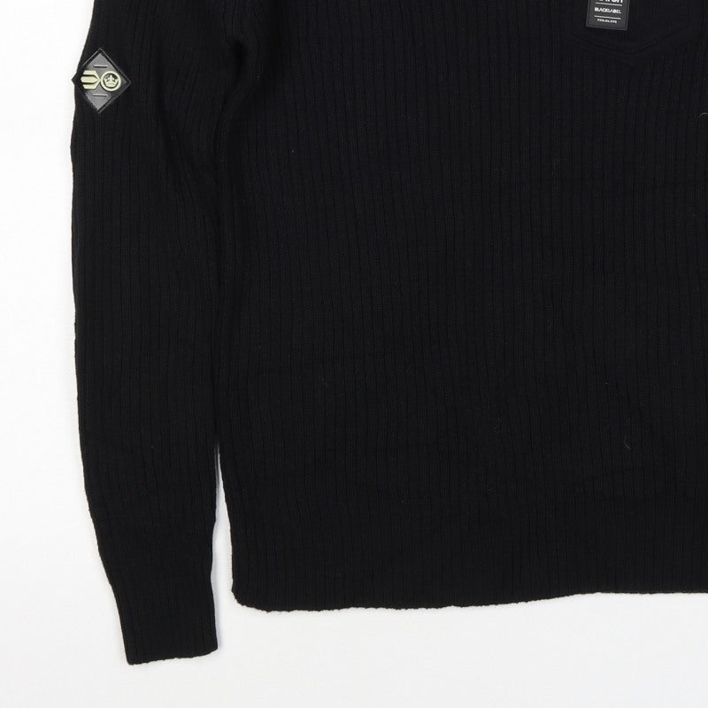 Crosshatch Men's Black M Button Henley Cable Knit Cotton Jumper
