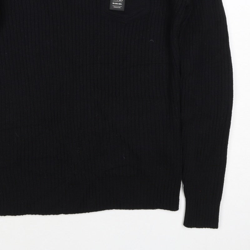 Crosshatch Men's Black M Button Henley Cable Knit Cotton Jumper