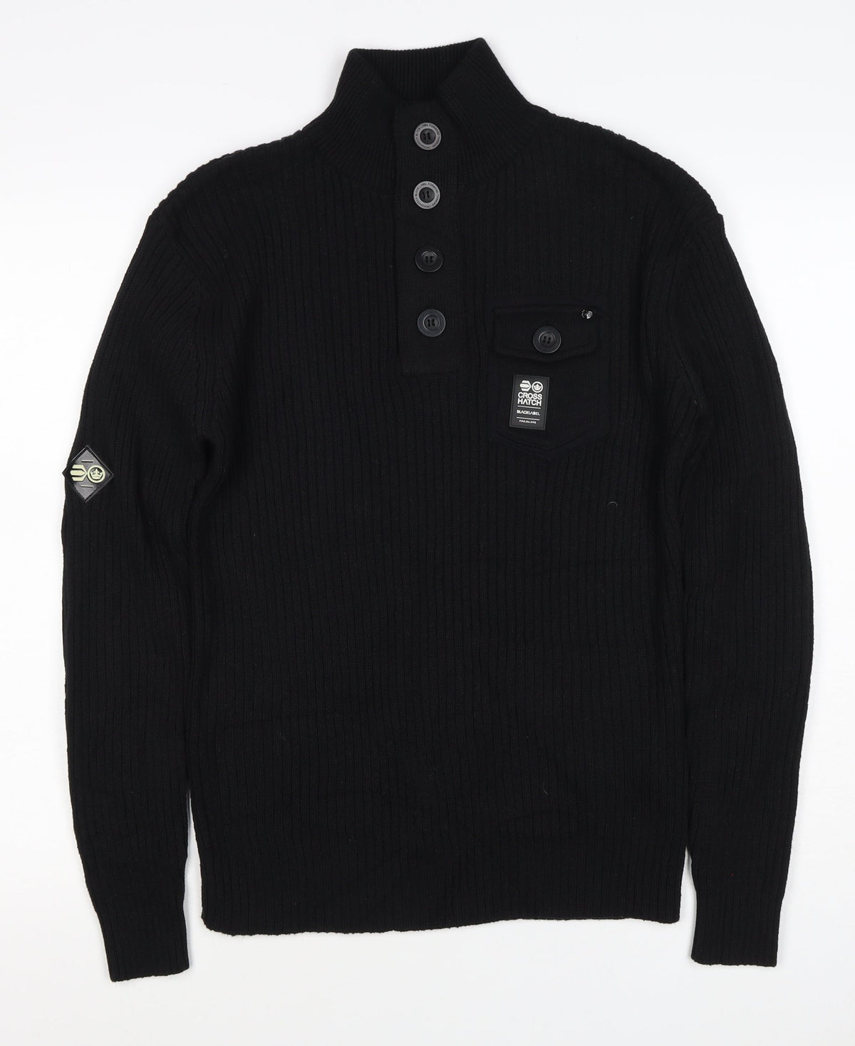 Crosshatch Men's Black M Button Henley Cable Knit Cotton Jumper