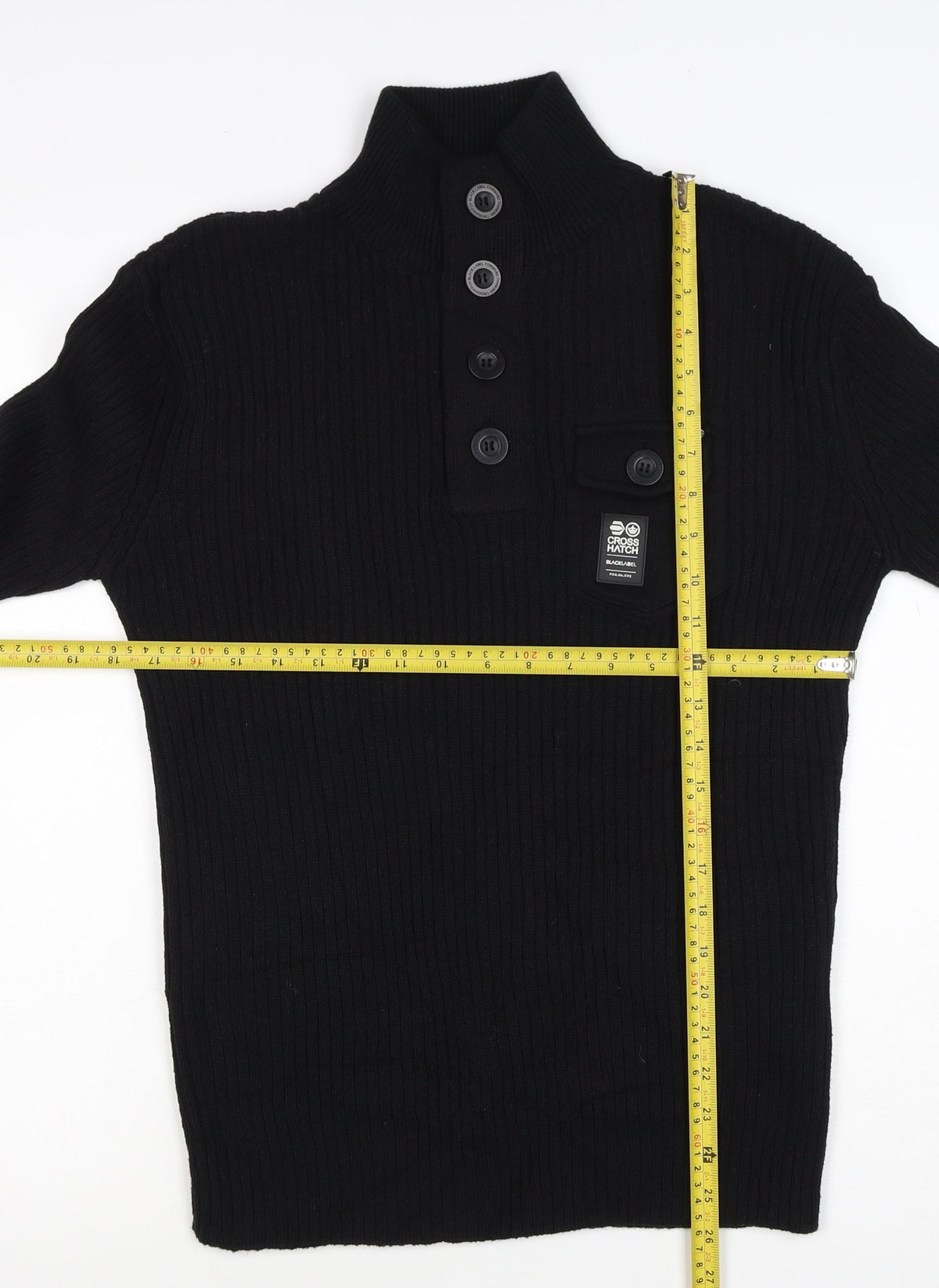 Crosshatch Men's Black M Button Henley Cable Knit Cotton Jumper