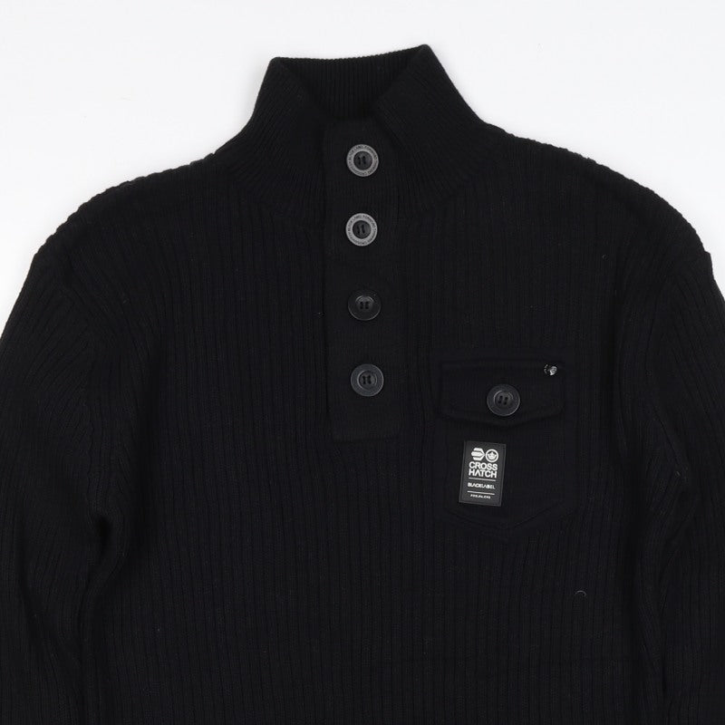 Crosshatch Men's Black M Button Henley Cable Knit Cotton Jumper