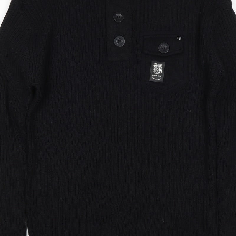 Crosshatch Men's Black M Button Henley Cable Knit Cotton Jumper