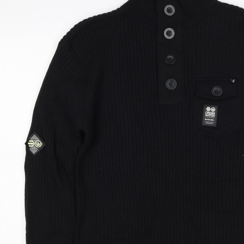 Crosshatch Men's Black M Button Henley Cable Knit Cotton Jumper