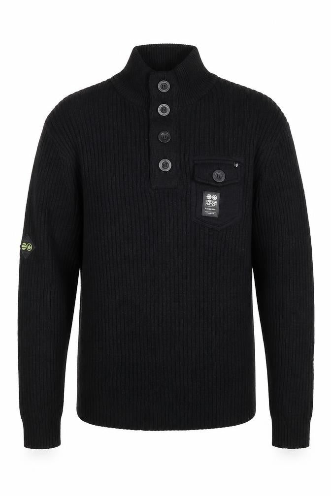 Crosshatch Men's Black M Button Henley Cable Knit Cotton Jumper