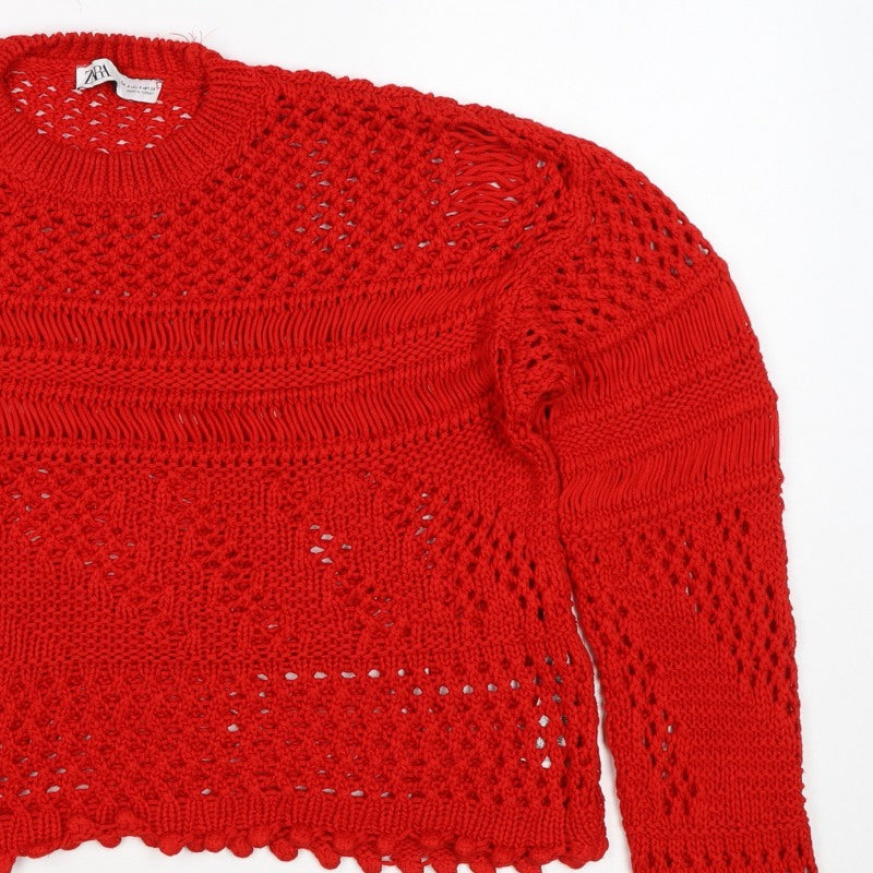 Zara Women’s Red Size S Open-Knit Crew Neck Pullover Jumper