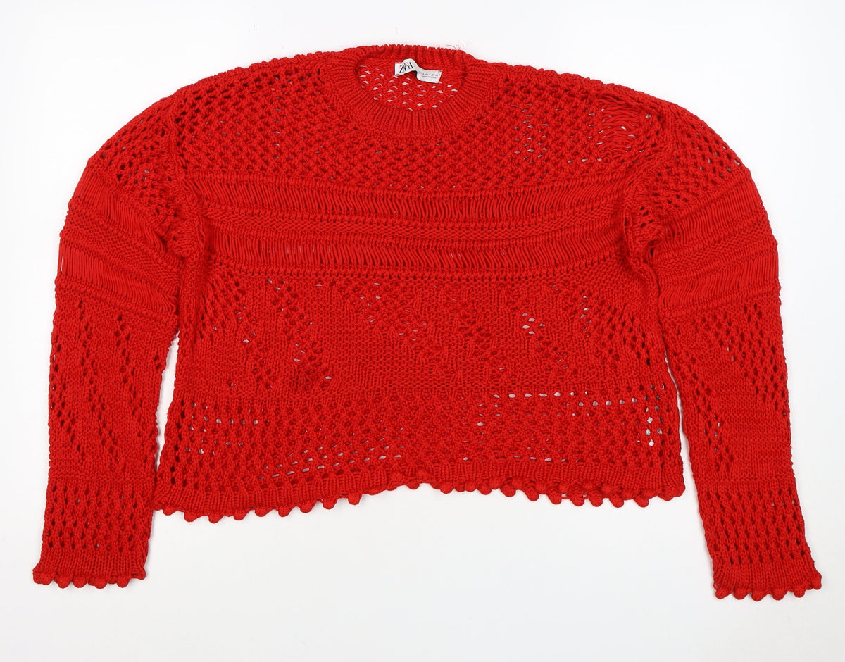 Zara Women’s Red Size S Open-Knit Crew Neck Pullover Jumper