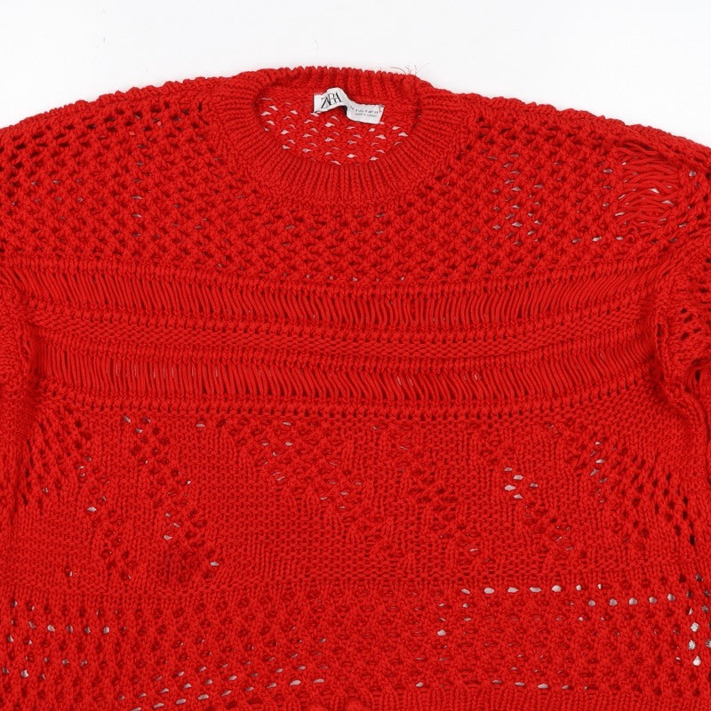 Zara Women’s Red Size S Open-Knit Crew Neck Pullover Jumper