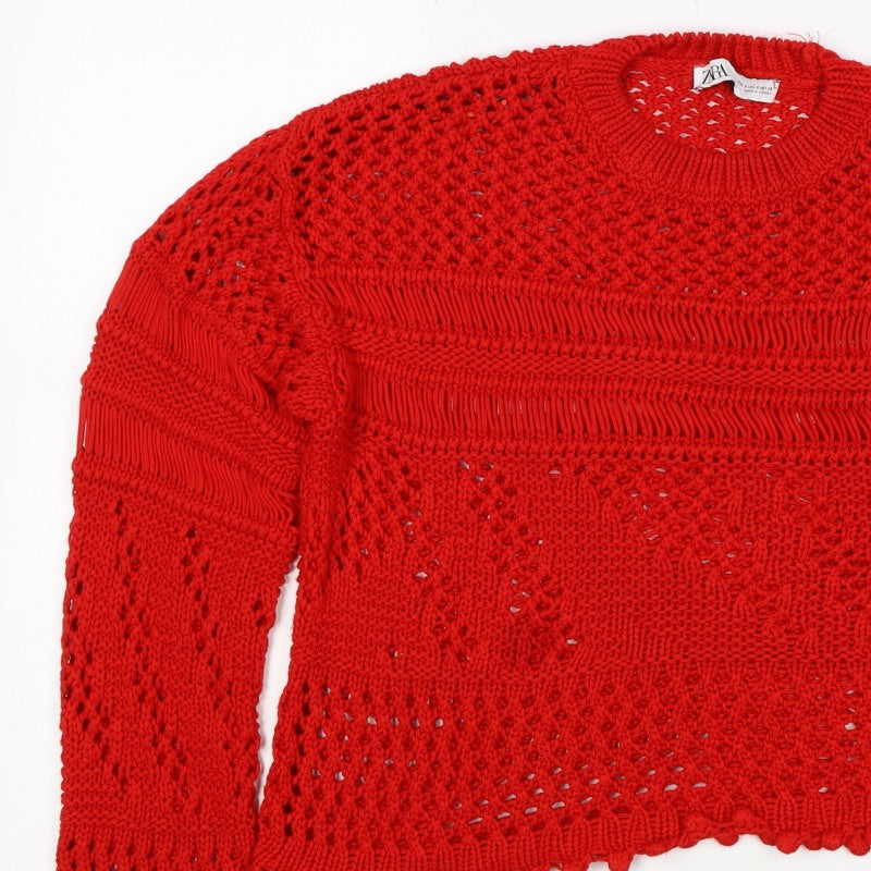 Zara Women’s Red Size S Open-Knit Crew Neck Pullover Jumper