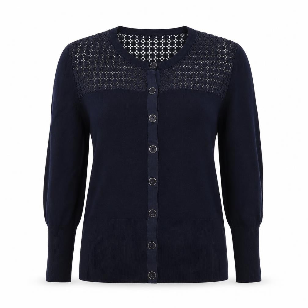 Jasper Conran Women Blue Size 14 Lace Yoke Button Knit Cardigan