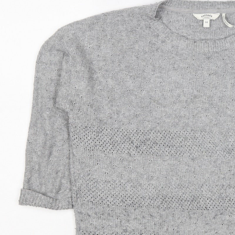 FatFace Women’s Grey Size 14 Wool Blend Open Knit Crew Neck Jumper