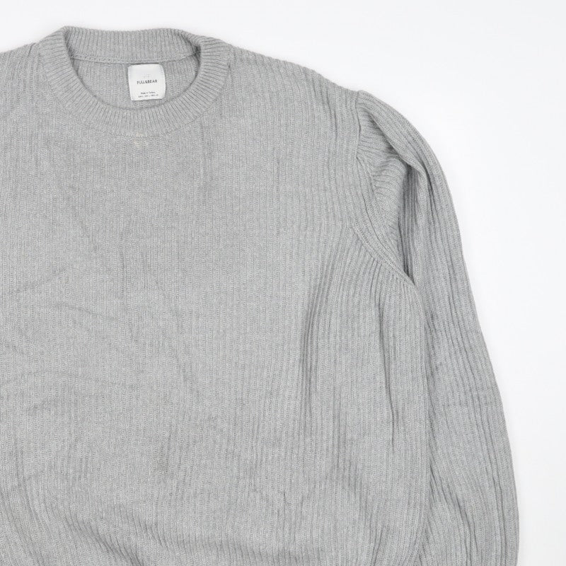 Pull&Bear Men's Grey L Rib Knit Cotton Crew Neck Pullover Jumper