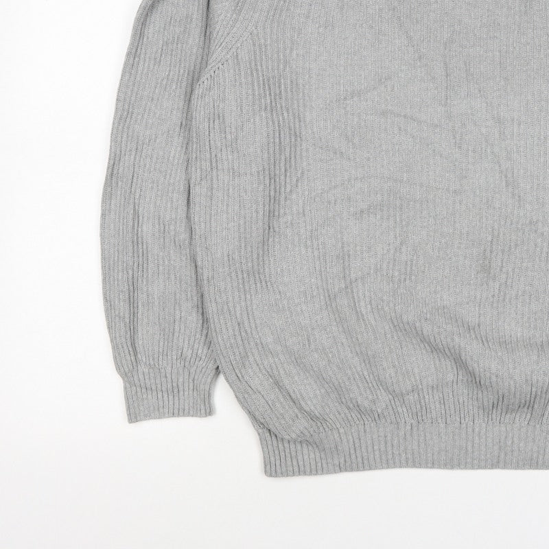 Pull&Bear Men's Grey L Rib Knit Cotton Crew Neck Pullover Jumper
