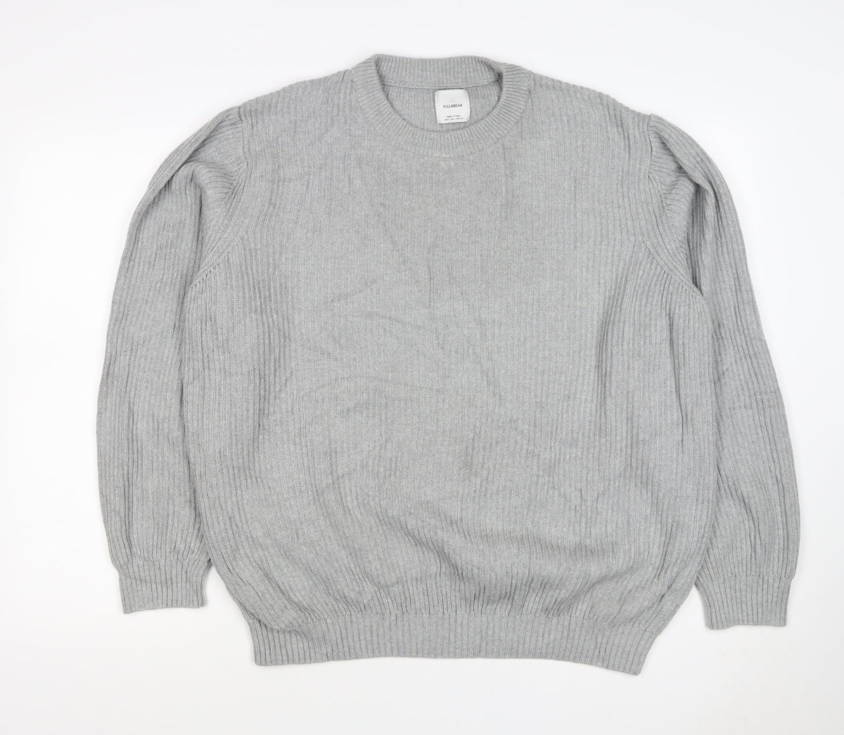 Pull&Bear Men's Grey L Rib Knit Cotton Crew Neck Pullover Jumper