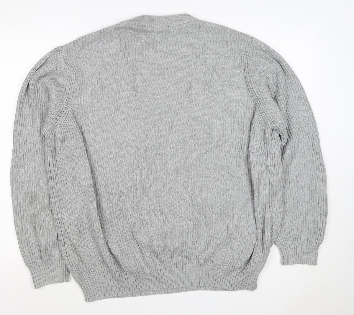 Pull&Bear Men's Grey L Rib Knit Cotton Crew Neck Pullover Jumper