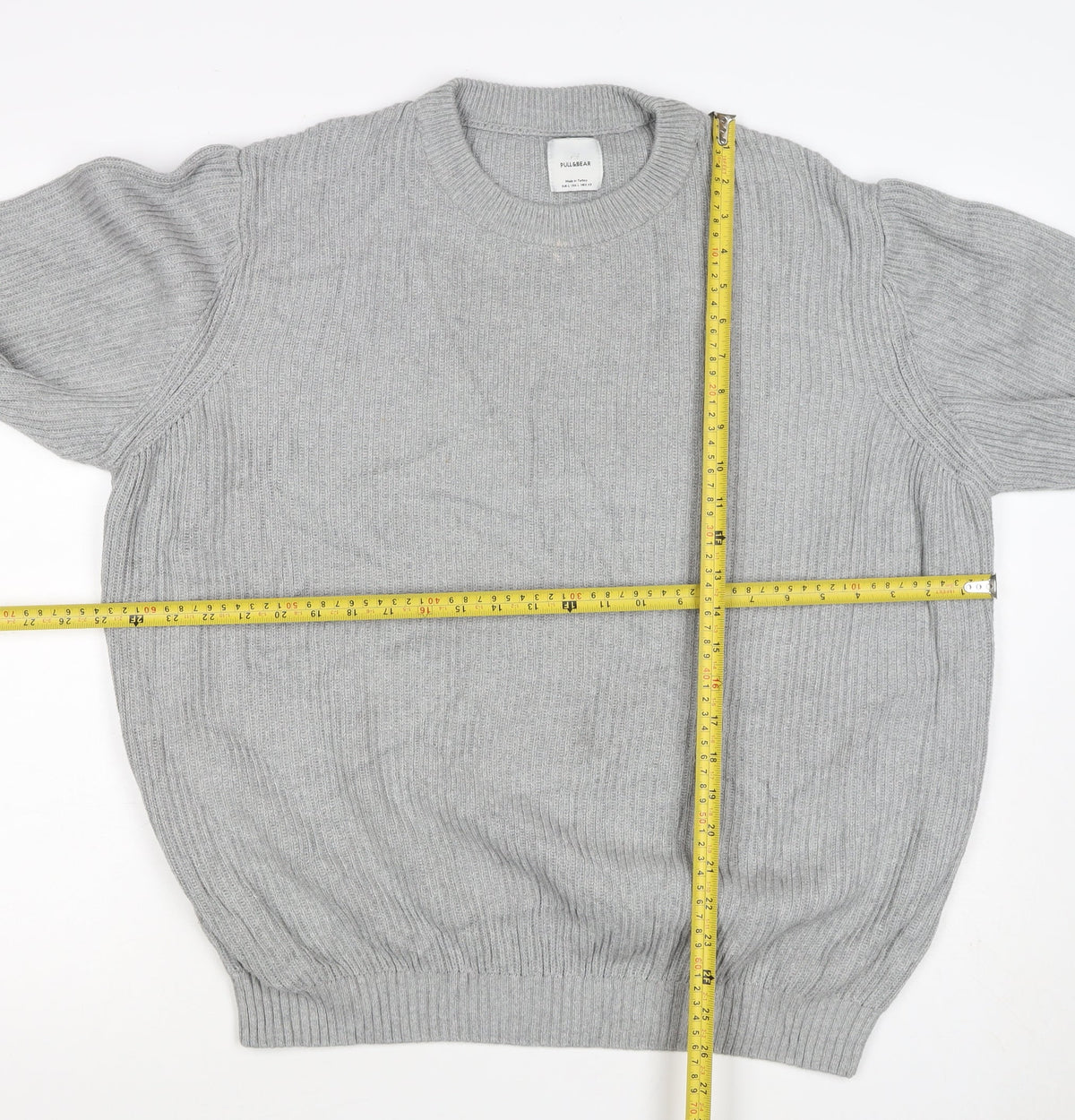 Pull&Bear Men's Grey L Rib Knit Cotton Crew Neck Pullover Jumper