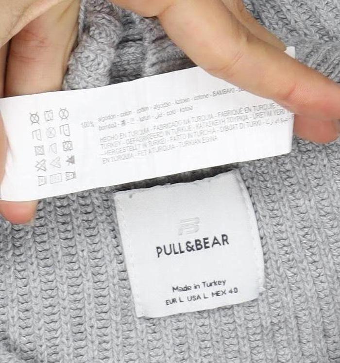 Pull&Bear Men's Grey L Rib Knit Cotton Crew Neck Pullover Jumper