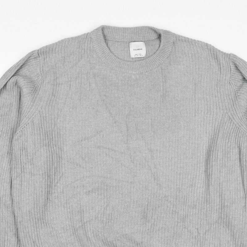 Pull&Bear Men's Grey L Rib Knit Cotton Crew Neck Pullover Jumper