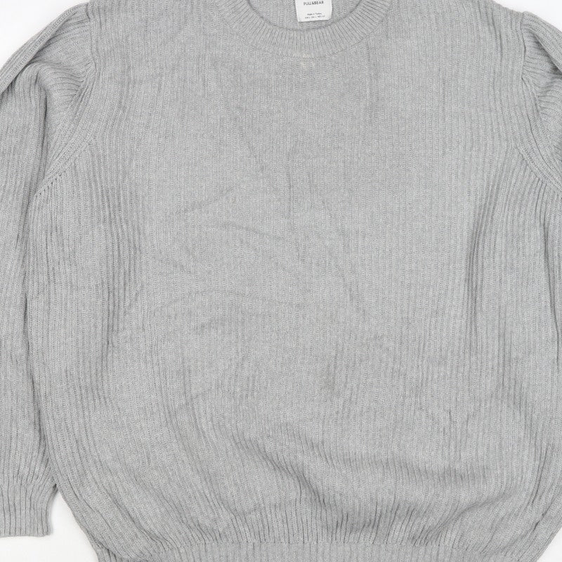 Pull&Bear Men's Grey L Rib Knit Cotton Crew Neck Pullover Jumper