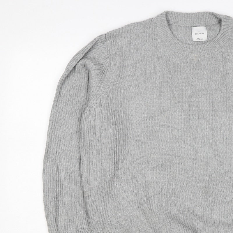 Pull&Bear Men's Grey L Rib Knit Cotton Crew Neck Pullover Jumper