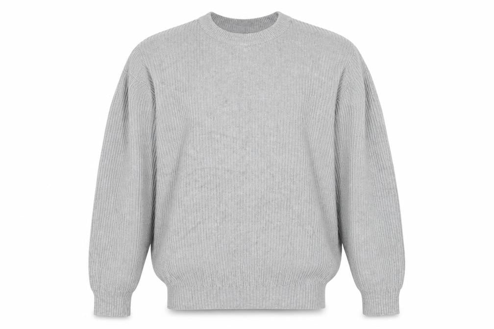 Pull&Bear Men's Grey L Rib Knit Cotton Crew Neck Pullover Jumper