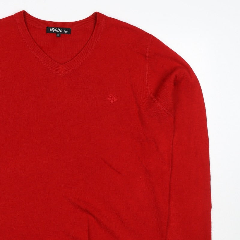 Red Herring Men’s Red XL V-Neck Pullover Jumper 100% Acrylic