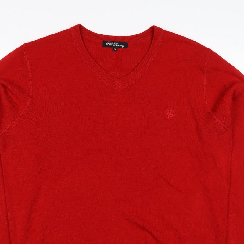 Red Herring Men’s Red XL V-Neck Pullover Jumper 100% Acrylic