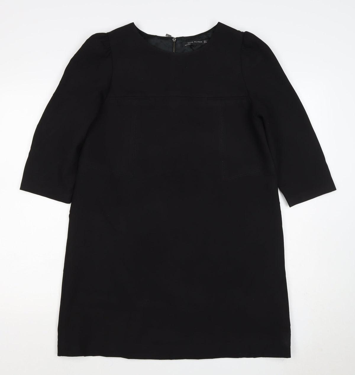 Zara Woman Black M Shift Dress 3/4 Sleeve Pockets Workwear