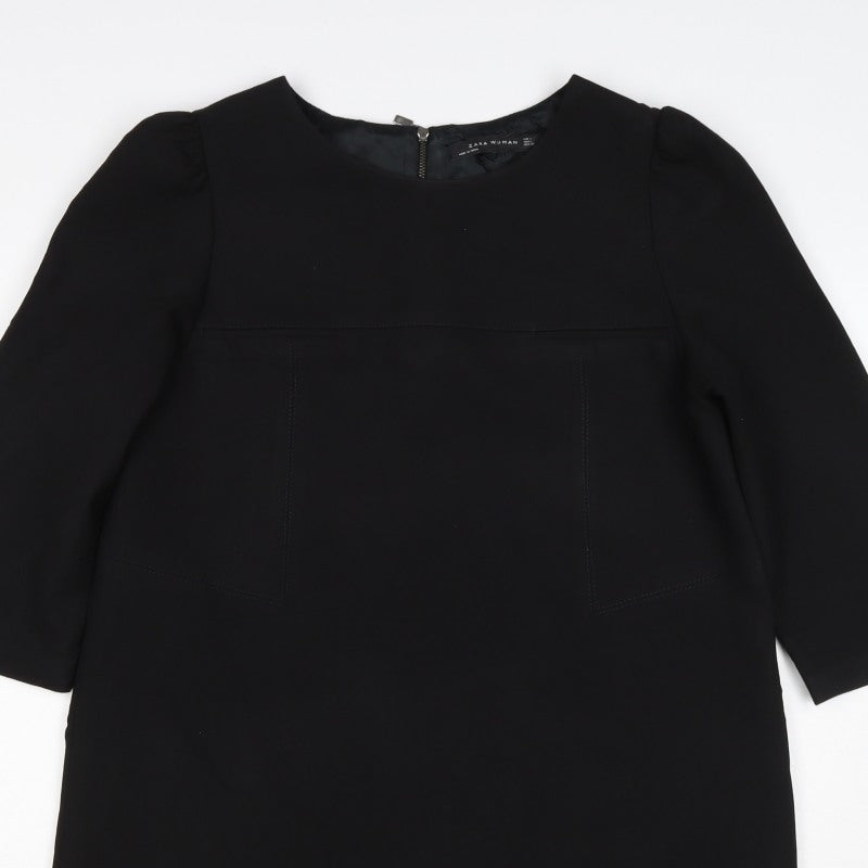 Zara Woman Black M Shift Dress 3/4 Sleeve Pockets Workwear