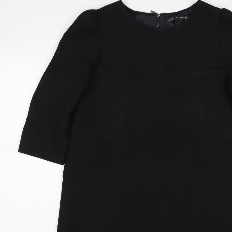 Zara Woman Black M Shift Dress 3/4 Sleeve Pockets Workwear