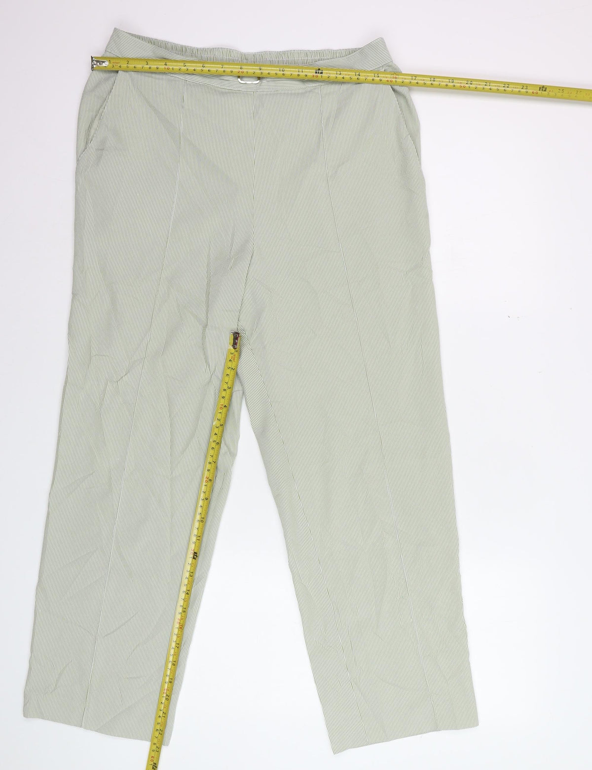 Marks & Spencer Women Green Striped Size 14 Straight Trousers