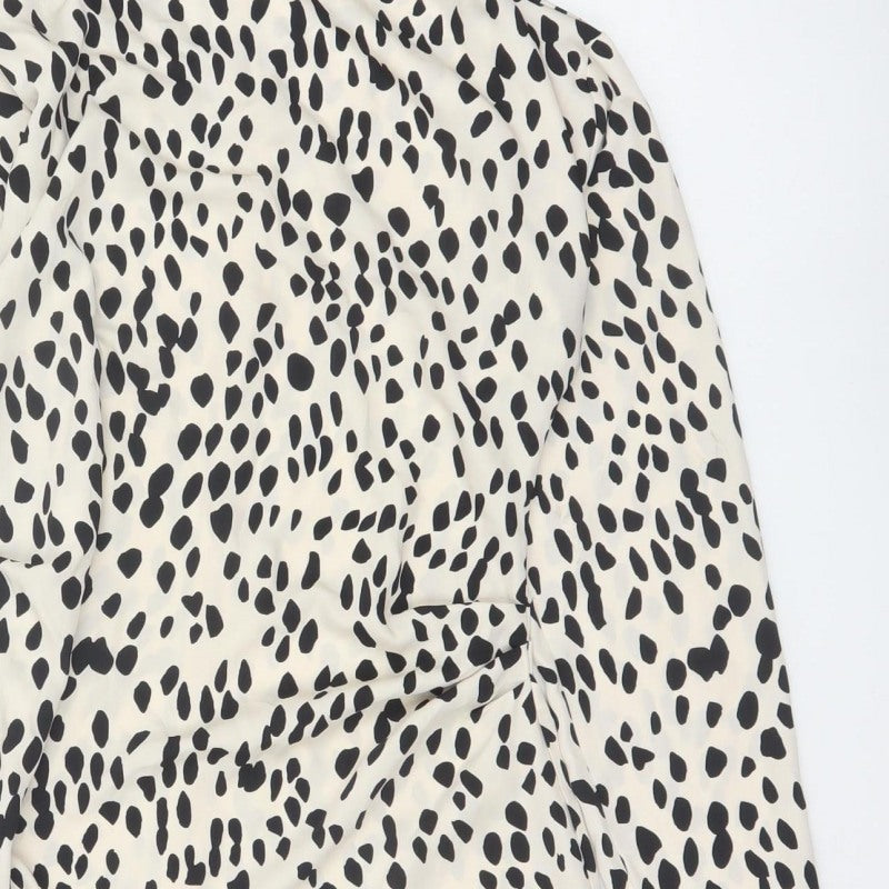 H&M Women Ivory Black Animal Print Shift Mini Dress UK 10 Long Sleeve