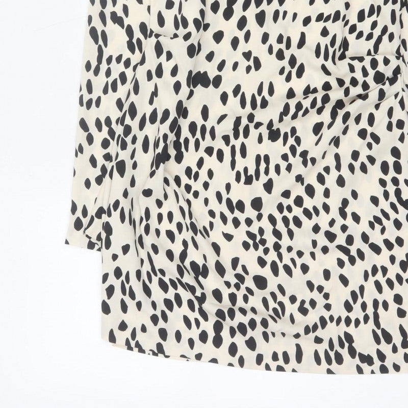 H&M Women Ivory Black Animal Print Shift Mini Dress UK 10 Long Sleeve