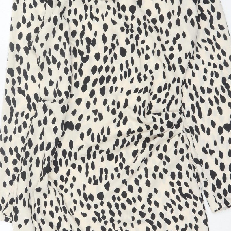 H&M Women Ivory Black Animal Print Shift Mini Dress UK 10 Long Sleeve
