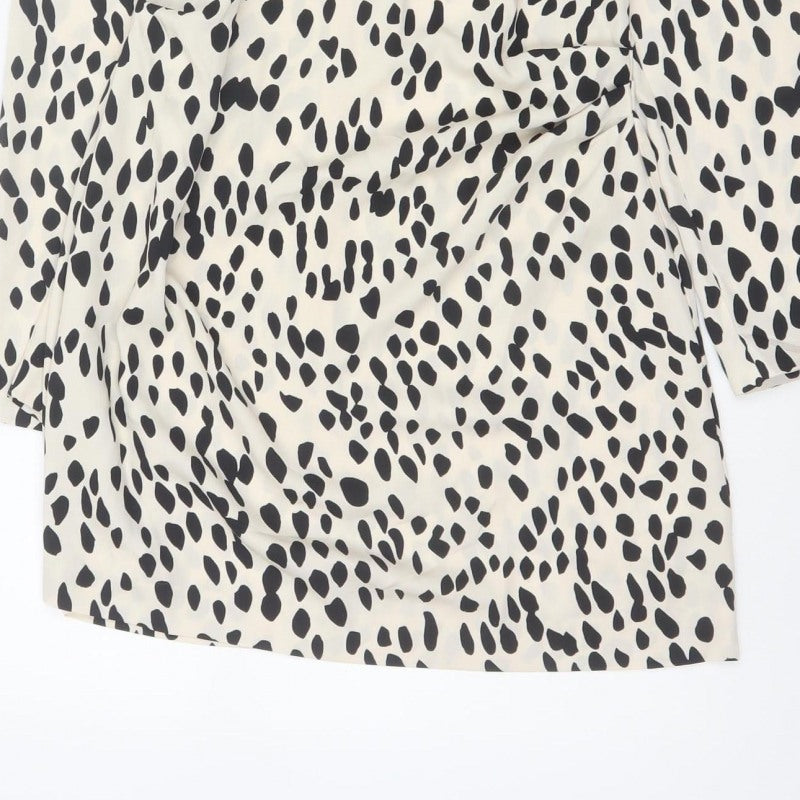 H&M Women Ivory Black Animal Print Shift Mini Dress UK 10 Long Sleeve