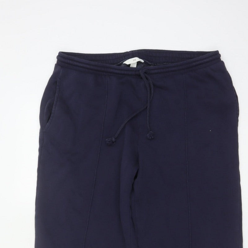 H&M Women's Blue L Wide Leg Fleece Jogger Trousers Drawstring
