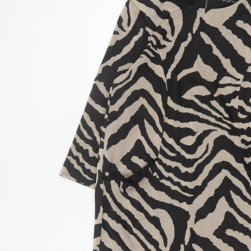 Wallis Women Black Beige Zebra Print Belted Sheath Dress UK 12