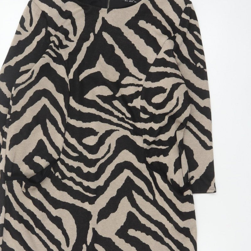 Wallis Women Black Beige Zebra Print Belted Sheath Dress UK 12