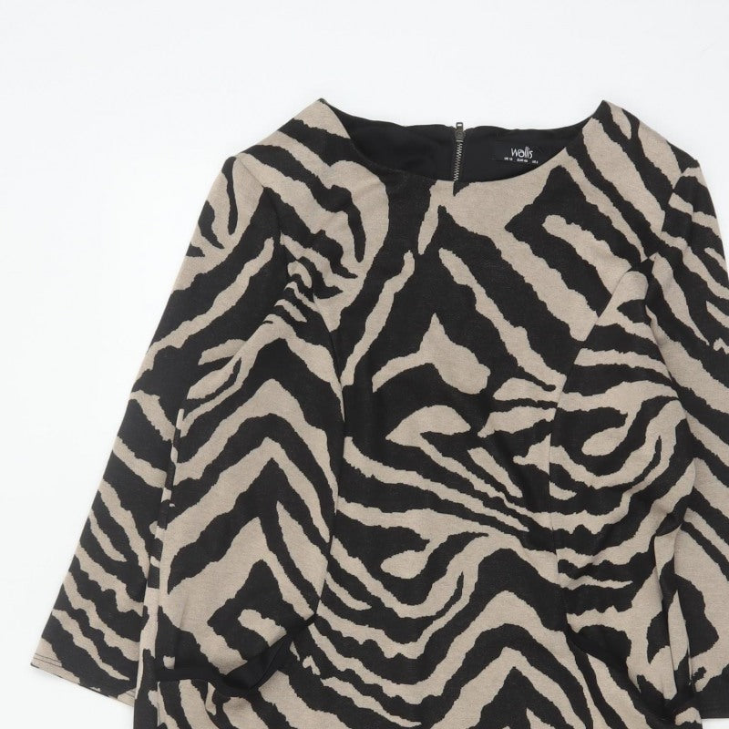 Wallis Women Black Beige Zebra Print Belted Sheath Dress UK 12