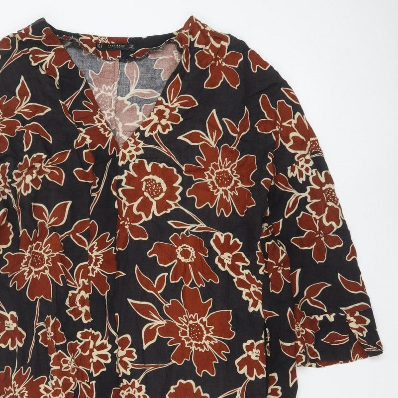 Zara Basic Women’s Black Floral V-Neck 3/4 Sleeve Tunic Blouse M