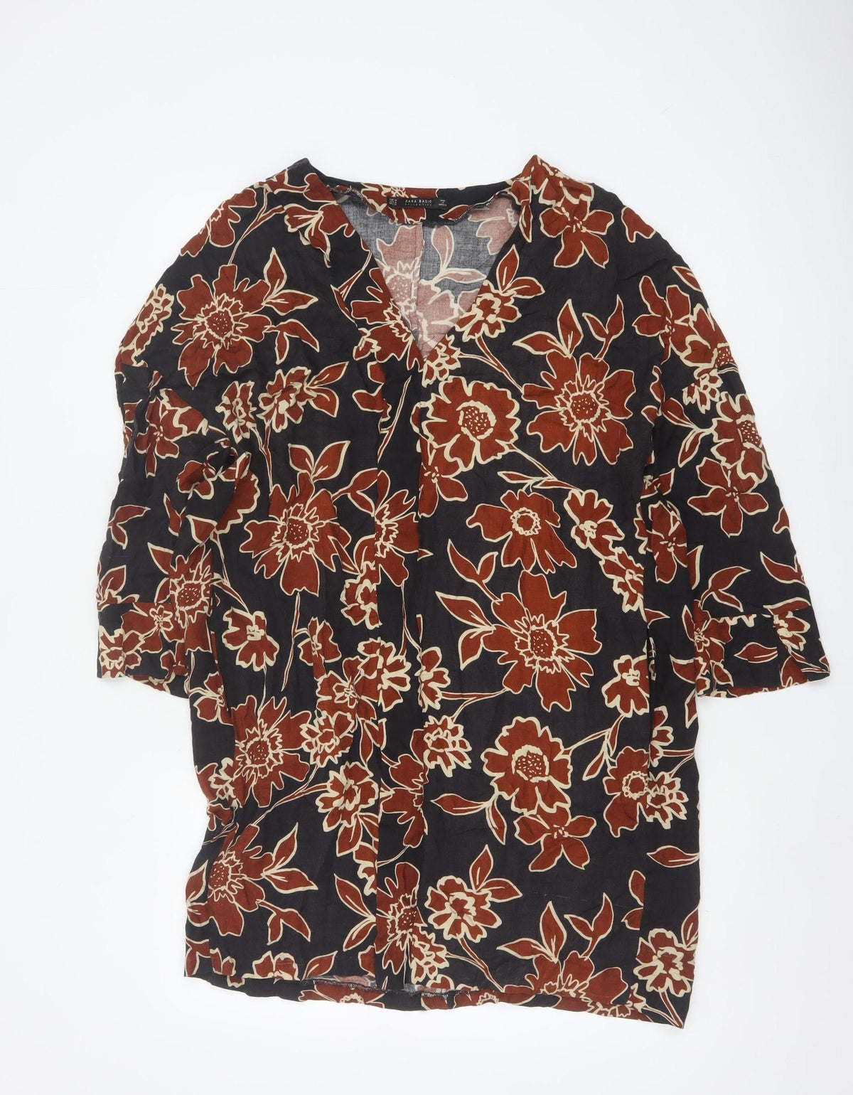 Zara Basic Women’s Black Floral V-Neck 3/4 Sleeve Tunic Blouse M
